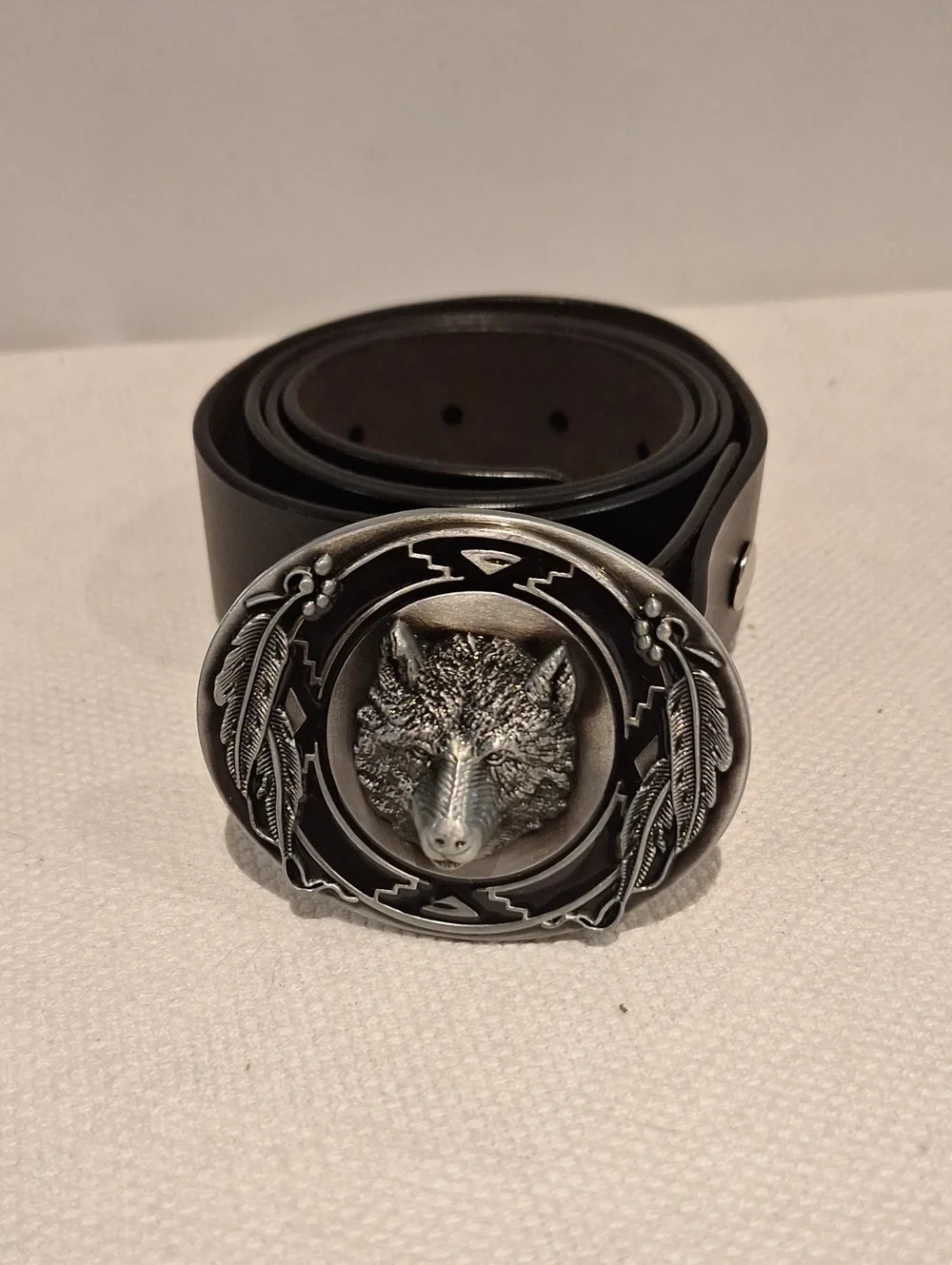 H Jones Wolf Head Western Belt with Feather Buckle - Black